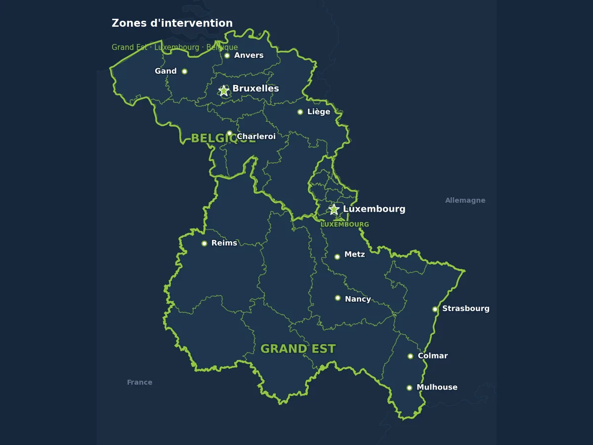Carte des zones d'intervention : Grand Est, Luxembourg, Belgique